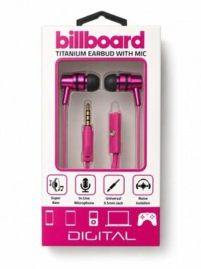 Billboard Titanium Wired Earbuds with Mic Pink NIP